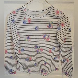 Girls SO Favorite Tee White Long Sleeve Top Black Stripes & Flower